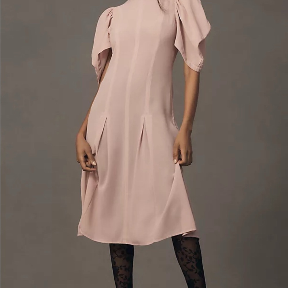 Anthropologie Pink Puff Sleeve Unlined Dress 0 Cottagecore Feminine‎ NWT Slip